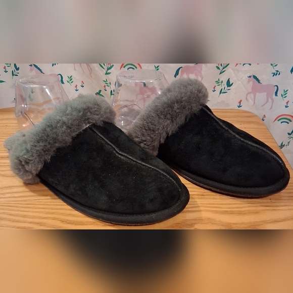 UGG Scuffette II Black Suede & Grey Shearling Casual Comfy Cozy Shoe SZ 11